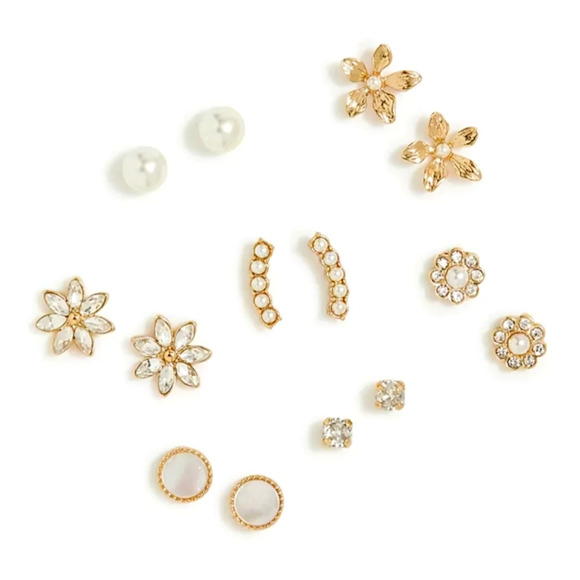J. Crew Gold & Pearl Flower Stud Earrings Set-of-Seven - Picture 1 of 2